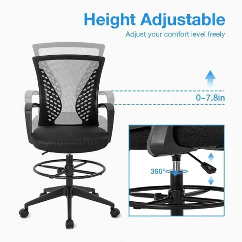 Miniatura 5 de Silla de dibujo alta de oficina, silla de escritorio de pie, silla de oficina de recepción de altura ajustable con soporte lumbar y anillo