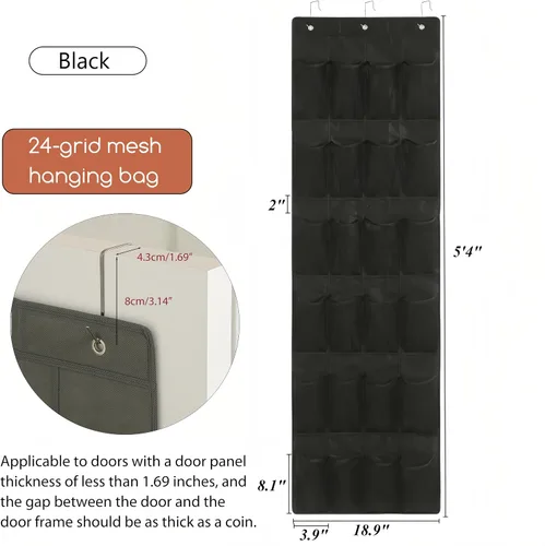 Miniatura 5 de Organizador de zapatos de 64 x 19 pulgadas para colocar sobre la puerta con 24 bolsillos de malla y 3 ganchos, almacenamiento plegable para zapatos