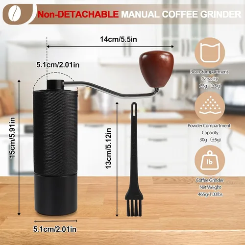 Miniatura 2 de Molinillo de café manual no desmontable con rebabas cónicas de acero inoxidable de 25 niveles, juego de regalo portátil de aluminio, adecuado