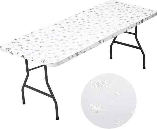 Miniatura 12 de Mixweer 1 Pza Mantel de Copo de Nieve Borde Elástico Ajuste Ceñido Rectangular Cubierta de Mesa Plegable 6 Pies, 30 x 72'' Tela de Poliéster