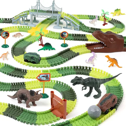 Pista de carreras de dinosaurios para niños - Regalos de cumpleaños para niños de 3, 4, 5, 6, 7 años, set de pista de autos flexible de más de 280
