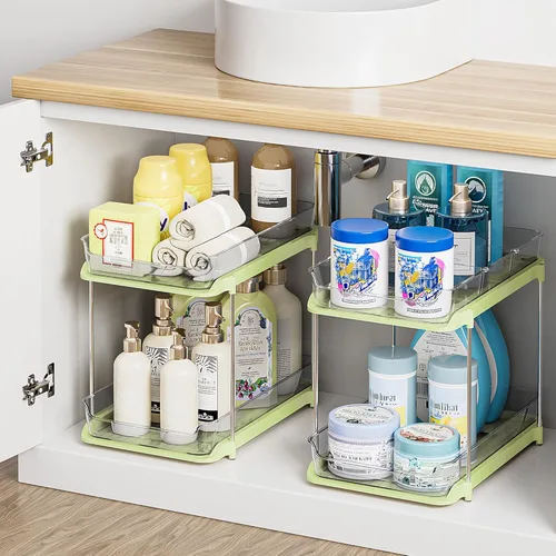 Miniatura 10 de Delamu - Organizadores y almacenamiento de 2 niveles para debajo del fregadero del baño, multiuso, apilables, organización de cocina y despensa