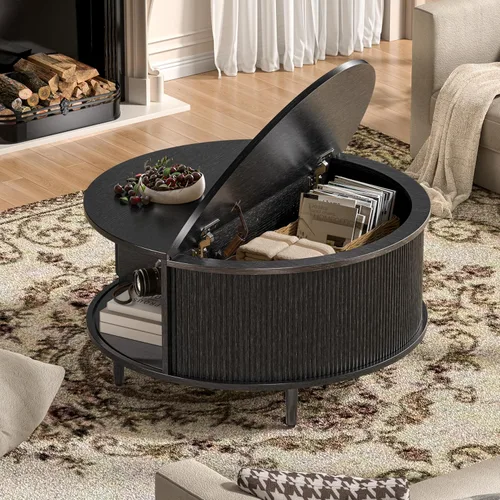 Miniatura 3 de Mesa auxiliar redonda, mesa central acanalada de 31.5 pulgadas con almacenamiento, mesa de centro elevable con almohadillas ajustables, puerta Negro
