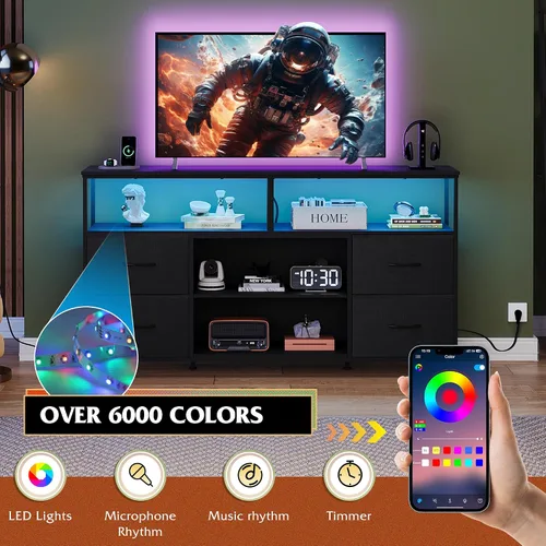 Miniatura 4 de WLIVE Mueble Tocador para TV de 50, 55, 60 pulgadas, Centro de Entretenimiento con Luces LED y Cajones de Tela, Tocador Mueble para TV