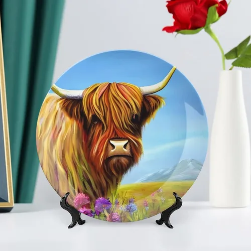 Miniatura 6 de Plato decorativo, acuarela de vaca de las tierras altas, placa de exhibición, decoración artística, pintura para el hogar, oficina, fiesta, cena