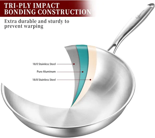 Miniatura 2 de LOLYKITCH Wok pequeño de acero inoxidable de 11 pulgadas con tapa, sartén de tres capas, wok de cocina sin recubrimiento para inducción y vidrio