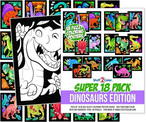 Paquete de 18 pósteres de terciopelo mullido para colorear (edición de dinosaurios), artes y manualidades para niños y niñas, ideal para después de