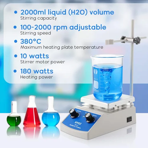 Miniatura 2 de HYCC Agitador magnético mezclador de placa caliente 33.8 fl oz capacidad de agitación 5 x 5 pulgadas Max 716 F y agitador de 100 a 2000 RPM, barra