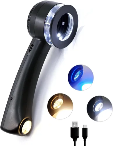 Lupa de mano para joyería, 10 unidades, recargable por USB, con luces LED y UV y superluces tricolor, lentes de vidrio K9 de 1.181 in, lupa