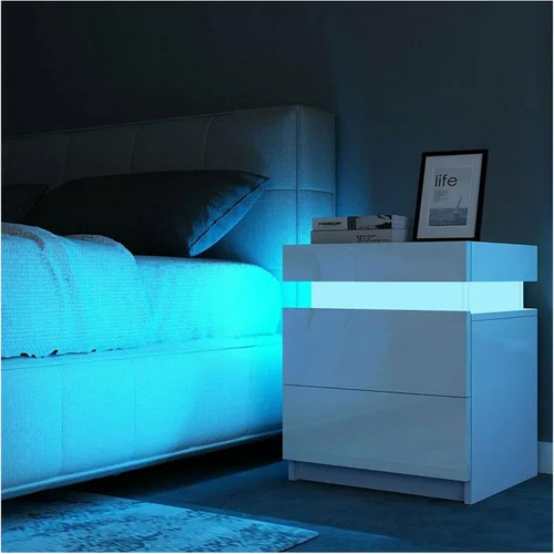 Miniatura 8 de Mesita de noche de alto brillo con luz LED RGB, moderna con 2 cajones laterales, mesita de noche, mueble de dormitorio (negro/blanco) (Color negro)