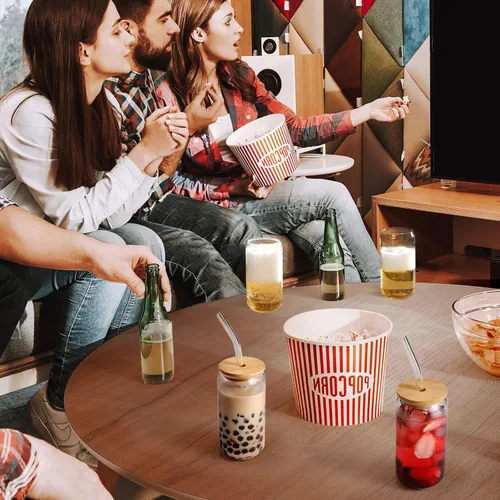 Miniatura 4 de Juego de 4 vasos para beber con tapas de bambú y popote de vidrio, vasos de vidrio de 16 onzas, vasos de café helado, bonitos vasos de té helado