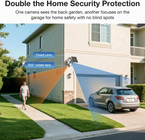 Miniatura 3 de TKENPRO Paquete de 2 cámaras de seguridad solares de doble lente inalámbricas para exteriores, video Full HD 2K, visión de 360° Pan/Tilt Cámara