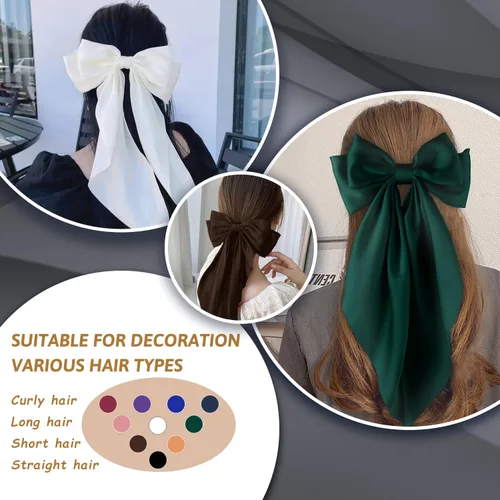 Miniatura 7 de Lazos para el pelo para mujeres y niñas, 10 piezas de lazos grandes, pinzas para el cabello, lazos de satén sedoso, lazo grande en capas, accesorios