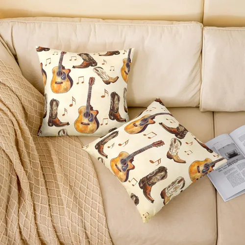 Miniatura 2 de Castle Fairy Cowboy Boots Throw Pillow Cover 16"x16" Bohemia Musical Guitar Pillowcase Western Rustic Cowgirl Reversible Print Cushion Cover Music