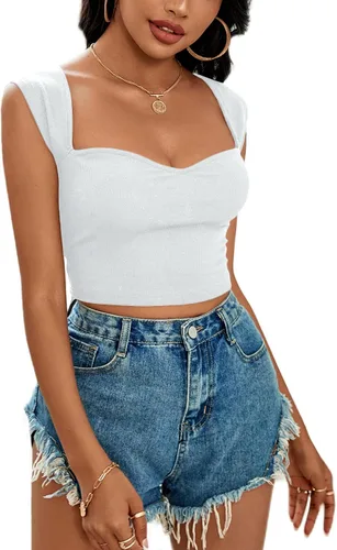 Miniatura 4 de LYANER Camiseta corta de punto acanalado con cuello cuadrado para mujer, sin mangas, ajustada, color liso