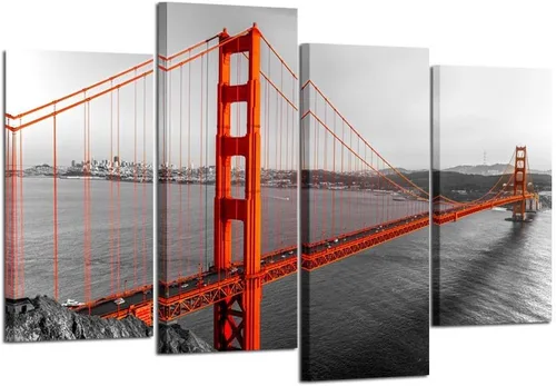 KREATIVE ARTS 4 impresiones en lienzo extra grandes en negro, blanco y rojo, arte de pared, arte de pared de San Francisco Golden Gate Bridge