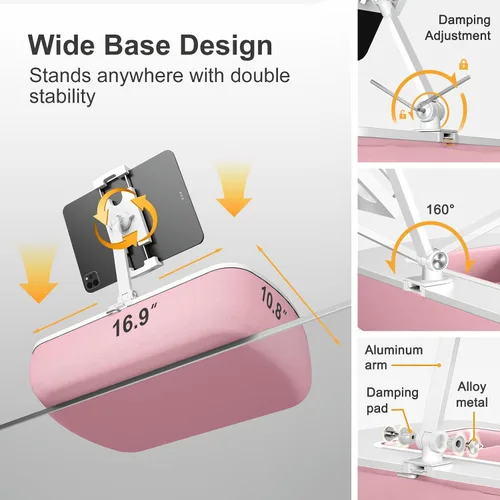 Miniatura 6 de ERGONOV Soporte de almohada para tableta para uso regazo, cuenco de aperitivos y brazo giratorio de 360°, soporte ajustable para iPad para cama, Rosa
