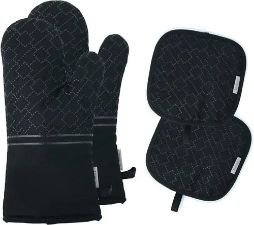 Juego de 4 guantes de horno y soportes para ollas, guantes de horno resistentes al calor 572F, forro de algodón suave con superficie antideslizante