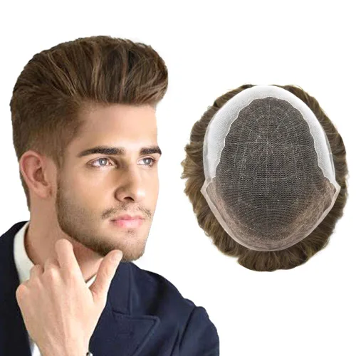 Miniatura 78 de Toupee para hombres pieza de pelo suave suizo encaje real sistema de cabello humano reemplazo blanqueado nudo mens tupé sistema de pelo para hombres