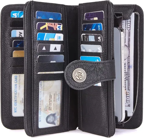 Miniatura 2 de Telena Billeteras de cuero para mujer con diseño de cartera de triple, para tarjetas de crédito, 4-negro-1, Vintage