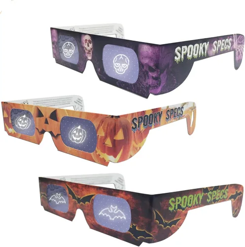 3 gafas de Halloween – Lentes holográficas de murciélago, calabaza y calavera en marcos de papel – Ojos festivos – Gafas holográficas 3D