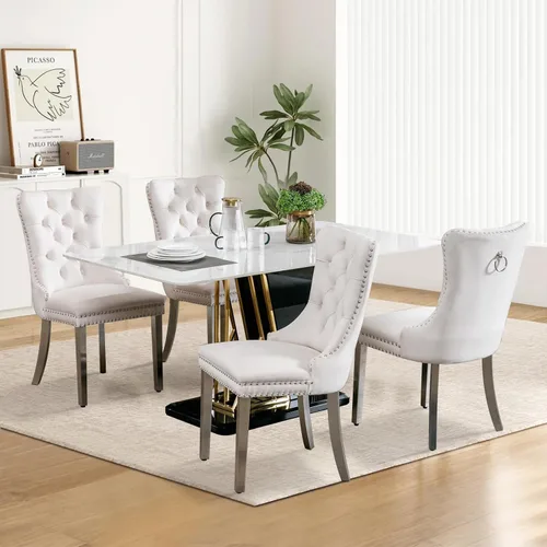 Miniatura 58 de Juego de 2 sillas de comedor tapizadas de tela de lino, sillas de cocina modernas de mediados de siglo con respaldo alto, ribete de cabeza de clavo