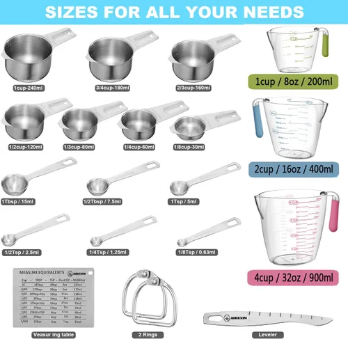 Miniatura 9 de AIKEXIN Juego de 20 tazas y cucharas medidoras de acero inoxidable, cucharas medidoras de plástico para ingredientes secos y líquidos, utensilios