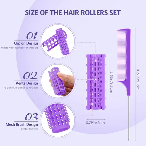 Miniatura 2 de Syhood 24 rodillos de pelo a presión, pequeños rodillos de plástico con peine de cola de rata para herramienta de peinado largo y corto
