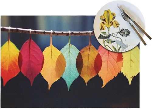 Miniatura 5 de 6 PCS PVC Placemats Set Place Mats Colorful Leaves Non-Slip Weave Place Mats 12" x 18" Farmhouse Durable Table Mat Set for Family Dinners Wedding