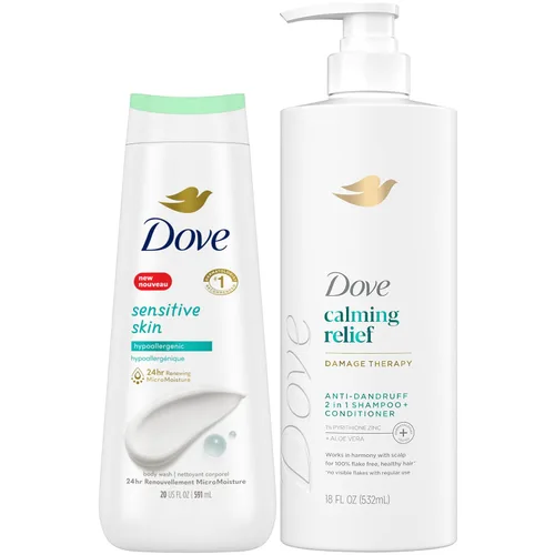 Dove Champú y acondicionador para la caspa 2 en 1, alivio calmante DermaCare con piritiona zinc + gel de baño para pieles sensibles, lo mejor para