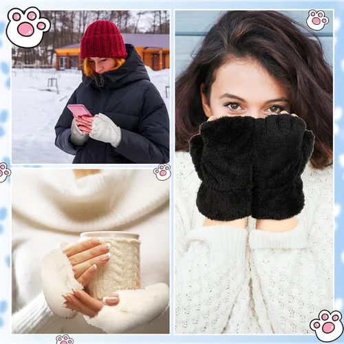 Miniatura 4 de Guantes de pata de gato, 3 pares de guantes kawaii, patas de gato, cosplay, piel sintética, guantes de gato, patas de león, guantes sin dedos
