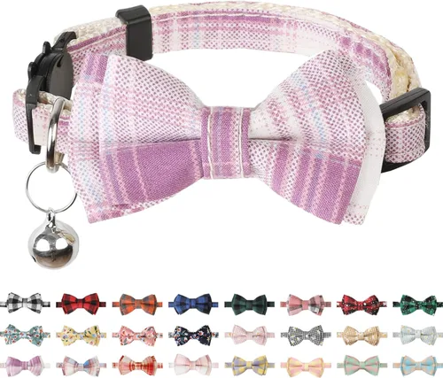 Miniatura 7 de Collar de gato con campanas, lindo corbatín para gato, paquete de 2 collares de seguridad a cuadros y flores para gatito para hembra, macho, gatos