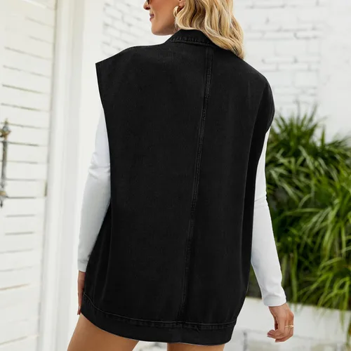 Miniatura 2 de HOULENGS Chaleco de mezclilla de gran tamaño para mujer, sin mangas, con botones, solapa y bolsillos