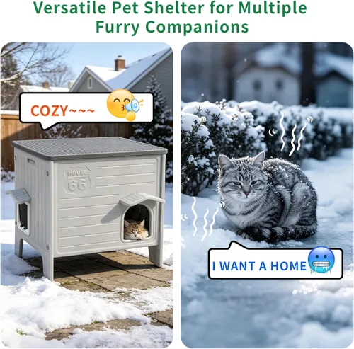 Miniatura 8 de Rockever Casa impermeable para gatos al aire libre, casa aislada para gatos al aire libre con alfombrilla suave, casa elevada para gatos al aire