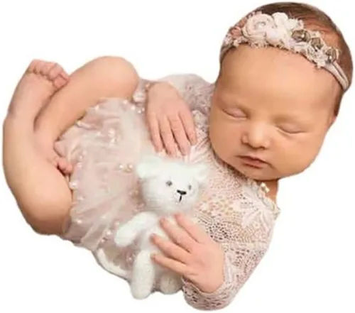 Miniatura 3 de Traje de fotografía para bebé, traje de encaje para recién nacido, sesión de fotos, diadema de flores, disfraz de princesa Blanco B