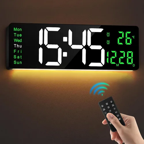 Miniatura 9 de LEIKE Reloj de pared digital grande de 16 pulgadas, control remoto, 2 alarmas, pantalla LED, DST automático, temperatura, reloj de luz nocturna