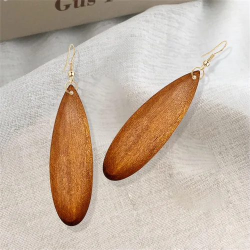 Miniatura 5 de Aretes colgantes bohemios retro de madera natural con forma de lágrima africana, ligeros, hechos a mano, largos, grandes, vintage, geométricos