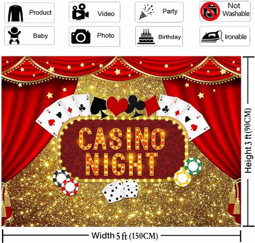 Miniatura 5 de Telones de fondo de fotografía Bokeh con purpurina dorada de Las Vegas, 5 x 3 pies, vinilo de casino, dados de póquer nocturno, cortinas rojas