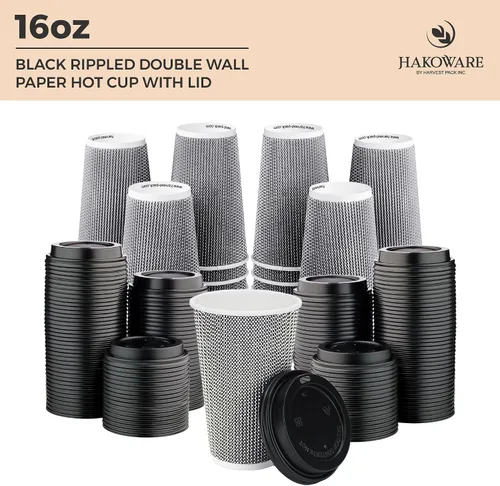 Miniatura 7 de Paquete de 85 tazas de café desechables de 16 onzas, vasos de papel de doble pared con tapas, diseño geométrico blanco y negro, tazas para beber