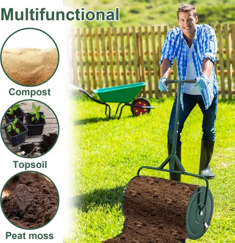 Miniatura 6 de Hiboom Esparcidor de compost de 24 pulgadas, esparcidor de musgo de turba, rodillo de estiércol con mango ajustable en forma de T, malla metálica