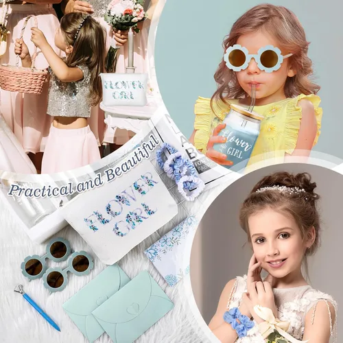 Miniatura 5 de Meanplan Juego de 16 piezas de regalo de propuesta para niña de las flores, vaso con pajitas, bolsa de maquillaje, lentes de sol, anillo