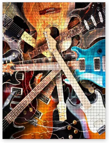 Pintura de diamantes, guitarra eléctrica rodeada de fondo de relámpagos, arte para adultos relajarse y decoración de pared del hogar, regalo de
