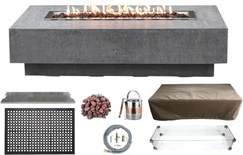Miniatura 62 de Elementi+ Mesa de Fuego de Gas Colorado de Hormigón Fundido de 56" Rectangular, Hoguera al Aire Libre con Ignición Electrónica Incluye Cubierta