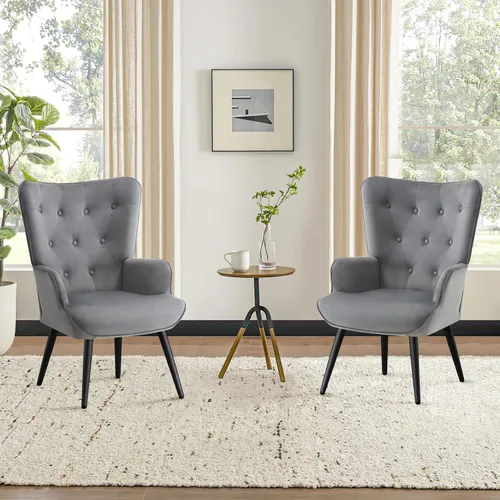 Miniatura 18 de Furniliving Silla de Acento de Terciopelo para Sala de Estar, Silla de Lectura Tapizada con Respaldo Alto, Sillón de Respaldo Alado con Botones Negro
