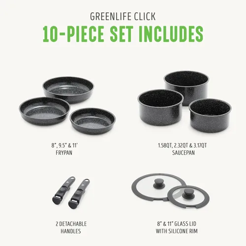 Miniatura 3 de GreenLife Juego de 10 piezas de ollas y sartenes antiadherentes, juego de utensilios de cocina con mango desmontable y apilable, sartenes sin