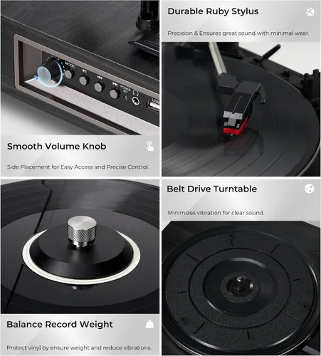Miniatura 7 de VANGOA Tocadiscos de vinilo, tocadiscos de 3 velocidades con receptor Bluetooth, altavoces estéreo integrados, color negro