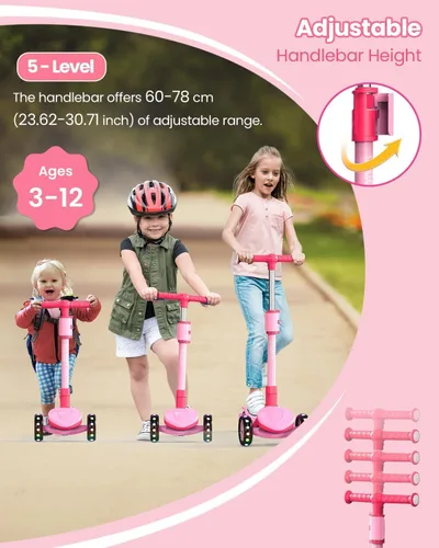 Miniatura 3 de Patinete ajustable 2 en 1 para niños de 3 a 5 años (adecuado de 3 a 12 años), manillar de 5 niveles y asiento extraíble, ruedas con luces LED, Rosa
