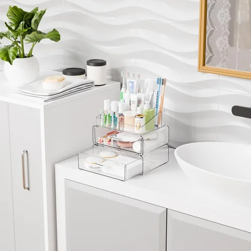 Miniatura 4 de Yieach Organizadores de maquillaje de 3 niveles en acrílico transparente con 2 cajones, soporte de maquillaje tiered de escritorio y organizadores