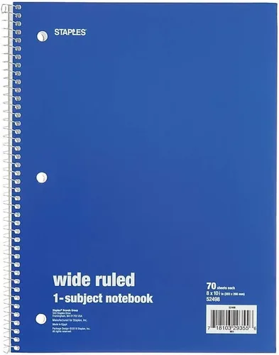 Miniatura 6 de STAPLES Cuaderno de espiral de 1 materia, rayas anchas, 70 hojas, colores surtidos, paquete de 6