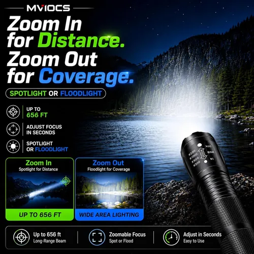 Miniatura 5 de Linterna recargable roja 4 en 1, linterna LED multicolor (blanco/rojo/azul/verde) con 4 modos, linterna con zoom de alto lúmenes para camping